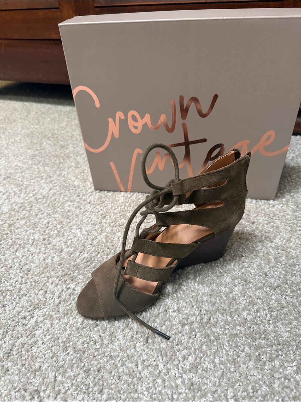 Crown Vintage Olive Suede Lace-Up Wedge Sandal